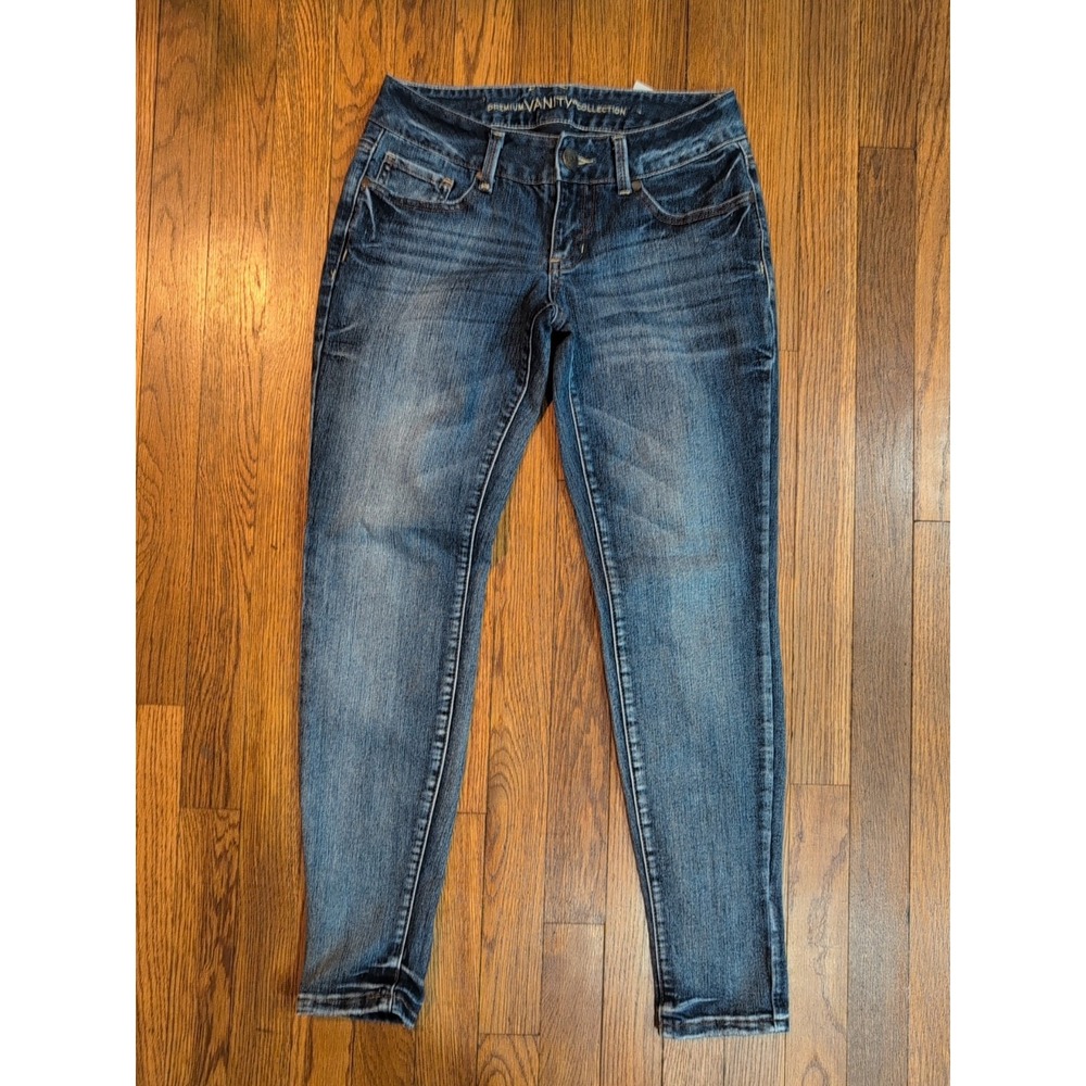 Vanity Premium Med / Dark Wash Fade Jeans Stretch Whiskered Sz 27 SHORT Skinny‎